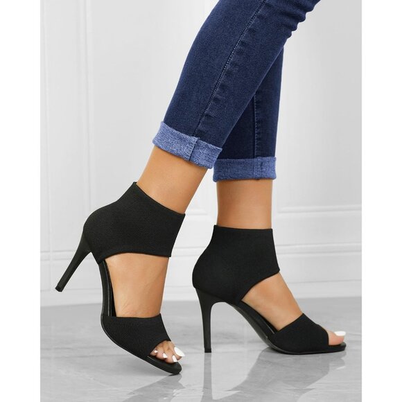 Black 3 Inches Peep Toe Synthetic Stiletto Stretchy Heeled Sandals for Women - Picture 3 of 9
